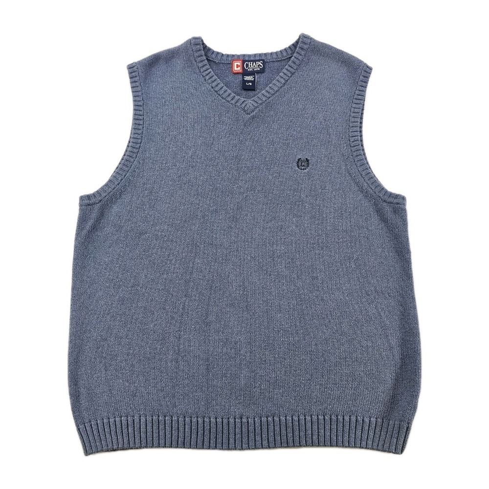Chaps Men Navy Blue V-Neck Sweater Vest Large Ribbed Trim Texture Logo Cozy Warm